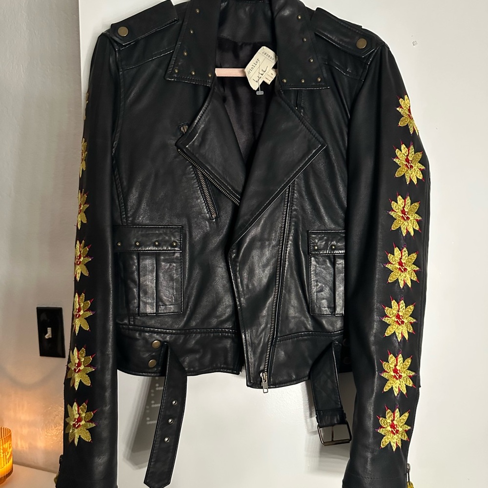 Black Leather Jacket with Floral Embroidery